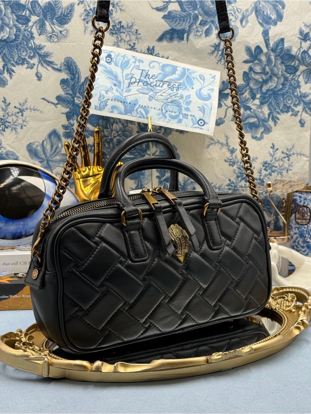 🆕 KURT GEIGER LONDON 🧿 NWOT Small Kensington Duffle Bag, Black Quilted Leather